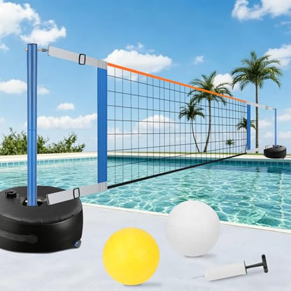 Pool Volleyball Net, Swimming Pool Volleyball Net with LED Light, 15-32FT Adjustable Length for All Pools, Portable 2 Water Volleyball & Pump for Family Pool Party Game Indoor/Outdoor