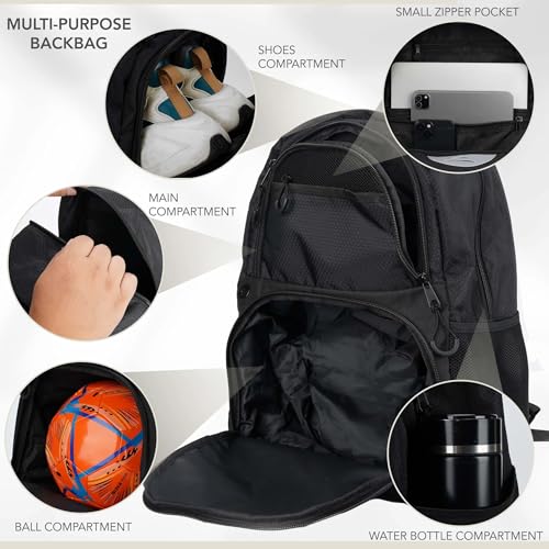 Soccer & Basketball Sports Bag with Ball Pump - Basketball Backpack with Separate Ball & Shoes Holder Compartment, Soccer Basketball Football & Volleyball Bag with Large Capacity - color: Carbon Black, style: Bag Only