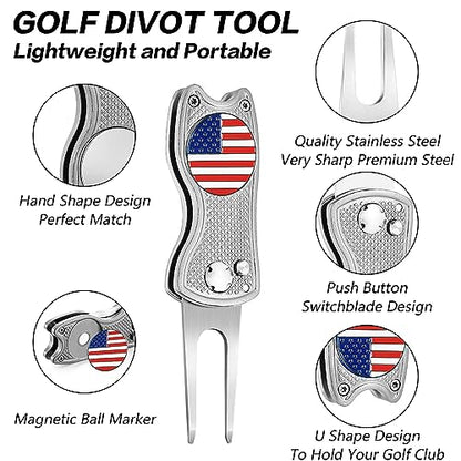 FINGER TEN Golf Divot Repair Tool and Ball Marker Switchblade Value Pack, Foldable Magnetic Stainless Steel with Pop-up Button for Men Women - color: 2 in Silver+2 Ball Marker