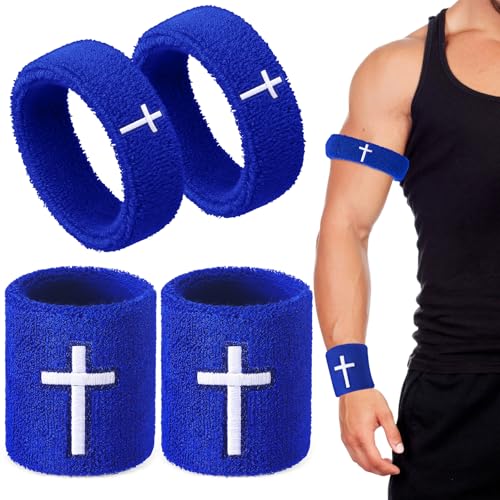 Soulchen 4 pcs Cross Bicep Bands Wrist Bands Christian Arm Sweat Wristbands Absorbent Armband for Men Women Football Baseball Players Sports Activities Supplies - color: Blue
