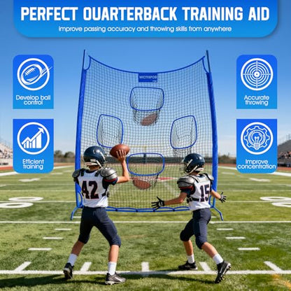 Football Throwing Net, Upgrade Heavy Duty Metal Frame Quarterback Training Equipment Throwing Machine with 1-4 Targets, Easy Setup Football Target Practice with CarryBag, Allweather Indoor Outdoor Use - size: 7 FT × 8 FT