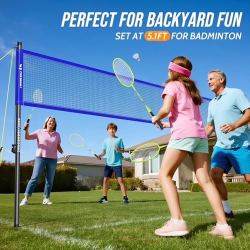 Outdoor Volleyball Net System for Backyard, Adjustable Height (5.1–8FT) & Width (20–32FT), Anti-Sag Tension System, 2-in-1 Badminton Combo Set with Carry Bag, Rackets & Shuttlecocks - color: Blue