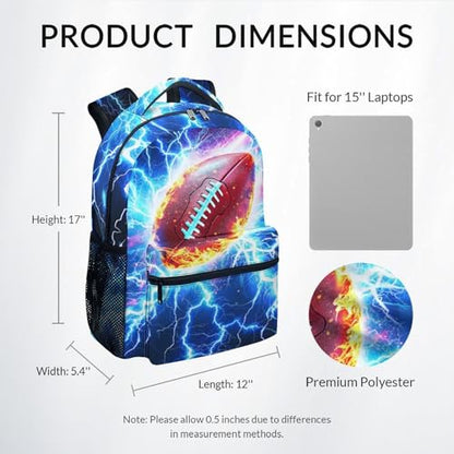Boys Backpack for Kids, Football School Bookbag for Child Elementary Middle Students - Water Resistant Teens Schoolbag with Lightning Print (17 Inch) - color: Red