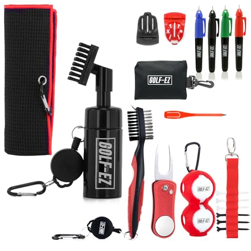 Golf Essentials Kit | Must-Have Accessories – Water Brush, Towel, Club Brush, Ball Marker, Divot Repair Tool, Ball & Tee Holder, Golf Gifts for Men & Women - color: Red