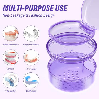 Denture Case Retainer Cleaning Case: 2 in 1 Retainer Case, No-Leak Denture Bath Box Cup, Complete Clean Care for Dentures, Clear Braces, Mouth Guard, Night Guard & Retainers - color: Purple