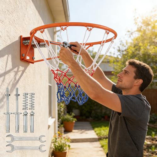 Basketball Hoop & 18" Steel Rim, Wall Mounted, Fixed/Breakaway, Silent Quiet Practice, Foldable No-Drill, Indoor Outdoor for Home Garage