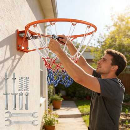 Basketball Hoop & 18" Steel Rim, Wall Mounted, Fixed/Breakaway, Silent Quiet Practice, Foldable No-Drill, Indoor Outdoor for Home Garage