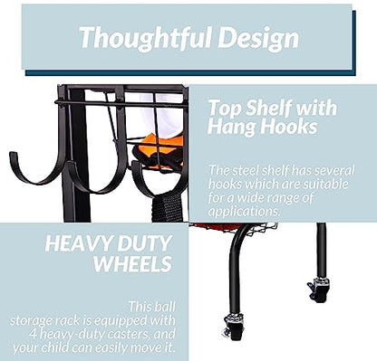 Fitvids Garage Sports Equipment Organizer, Garage Ball Storage, Sports Gear Storage, Garage Organizer with Baskets and Hooks, Rolling Sports Ball Storage Cart, Black, Steel - style: 3-Tier with Large Base