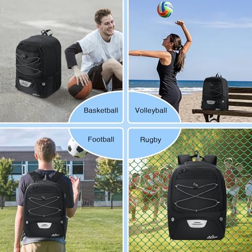 MoKo Basketball Bag Backpack, Volleyball Soccer Backpack for Men & Women with Separate Ball and Shoes Compartments, Water-Resistant, Fence Hook, Sports Bag for Clothes, Shoes, Tablets, Laptops, Black - color: Black