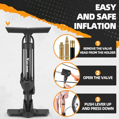 Bike Floor Pump, Bikes Pump with Gauge,Bicycle Air Pump with High Pressure 160 Psi, BikeTire Pump with Presta Schrader Valves，Portable Hand Pump Bike, Fits Road Bikes MTB E-Bike, Ball - color: Black