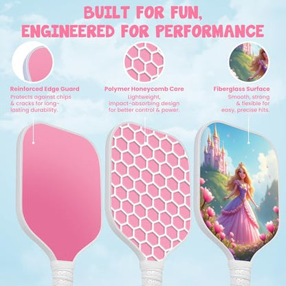 Kids Pickleball Paddle Designed for Ages 3–12 | Lightweight Fiberglass (0.37 lbs) | Small Grip for Easy Control | Fun Beginner Gift for Girls, Toddlers & Youth - color: Princess