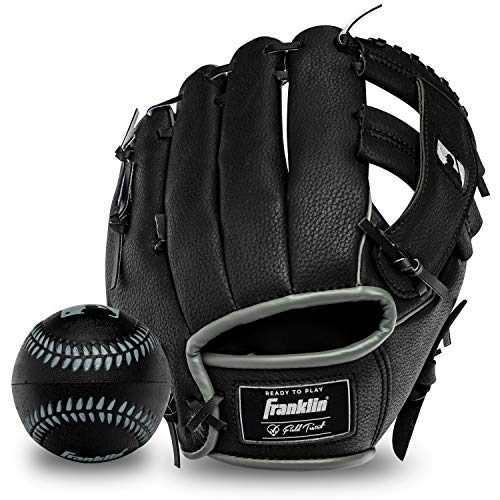 Franklin Sports Kids Baseball Gloves - RTP Youth Teeball Glove + Ball Set - Boys + Girls Teeball Mitt - 9.5" - color: Black/Silver