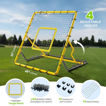 Baseball Rebounder Net,4x4.5FT Multi-Sport Pitch Back Rebounder Steel Frame with 4 Adjustable Angles, 40pcs Bungees Soccer, Volleyball&Lacrosse Trainer for Solo Fielding - color: Yellow