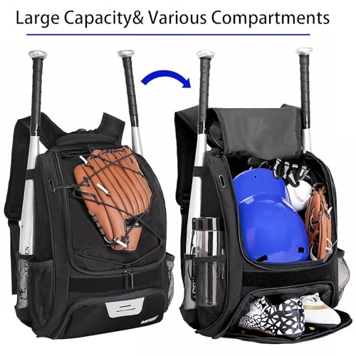 DAFISKY Baseball Bag Softball Backpack - Youth Adult T Ball Bat Equipment Bag with Bat Helmet Holders, Shoe Compartment - color: Black