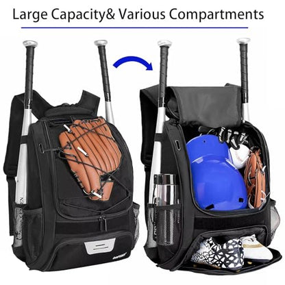 DAFISKY Baseball Bag Softball Backpack - Youth Adult T Ball Bat Equipment Bag with Bat Helmet Holders, Shoe Compartment - color: Black