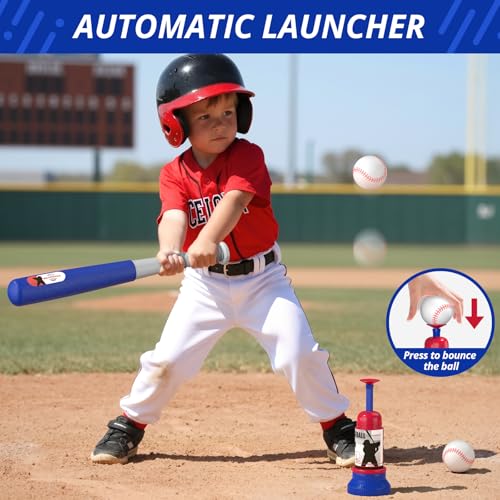 HYES 3-in-1 Baseball Set for Kids 3-5 - Tee Ball Stand, Hanging Tee, Ball Launcher and 6 Softballs - Adjustable Height, Indoor/Outdoor Sport Gifts for Boys Girls, Blue