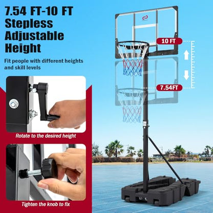 GYMAX Basketball Hoop, 7.54-10ft Adjustable Portable Basketball Goal with Extra Thick Fillable Base, Foldable, Shatterproof PC Backboard, Indoor & Outdoor for Driveway, Backyard, Court, Adults Teens