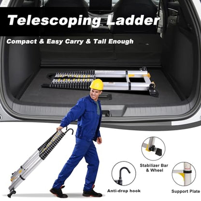 26.2FT Telescoping Aluminum Extension Ladder, Telescopic Ladder with Hooks，330lbs Capacity, Multi-Purpose Collapsible for Home, Outdoor Work, Silvery