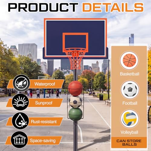 3 Floor Outdoor Vertical Basketball Holder Standing Pole Mount Ball Racks Wall Mount Sport Organizer for 3 Balls for Outdoor Garage Gym Sportground