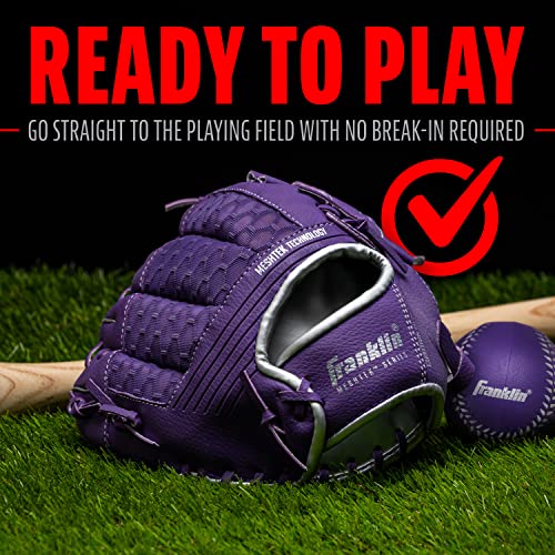 Franklin Sports Kids Baseball Glove + Foam Ball Sets - Meshtek Youth Teeball Gloves for Kids + Toddlers - Left + Right Hand Throw - 9.5" Inch - color: Purple/Chrome