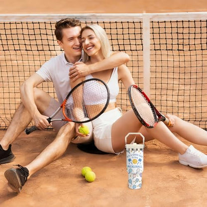 30 oz Tumbler with Handle Flip Straw Leak Proof - Pickleball Mug 30oz Tumbler Travel Coffee Mug with Handle - Birthday Gifts for Women Men Pickleball Lovers Players 30 Ounce Stainless Steel Cup - color: Pickleball White