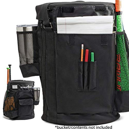Athletico Baseball Bucket Cover Organizer - Baseball Bucket Bag With Padded Seat (Black)