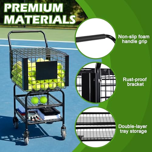 Tennis Ball Basket Pickup Hopper Cart Holds 350 Balls Tennis Ball Hopper Basket Collector Trolley 2 Layers with Wheel for Serve Training