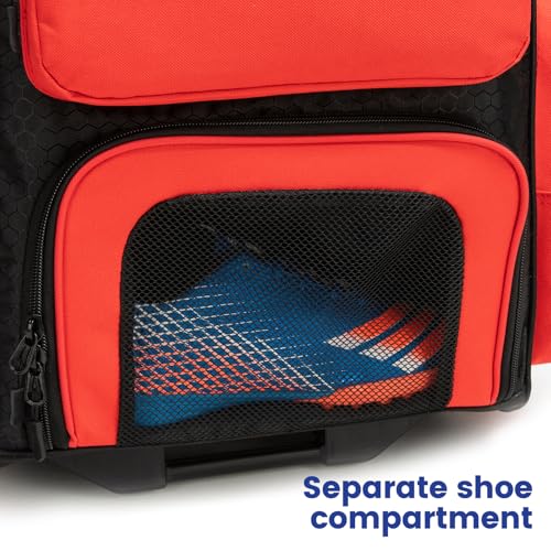 Rolling Baseball Bag with Wheels,Large Softball Bag with Fence Hook for 4 Bats & Equipment,Lightweight Baseball Bat Bag with Shoe Compartment. - color: Red