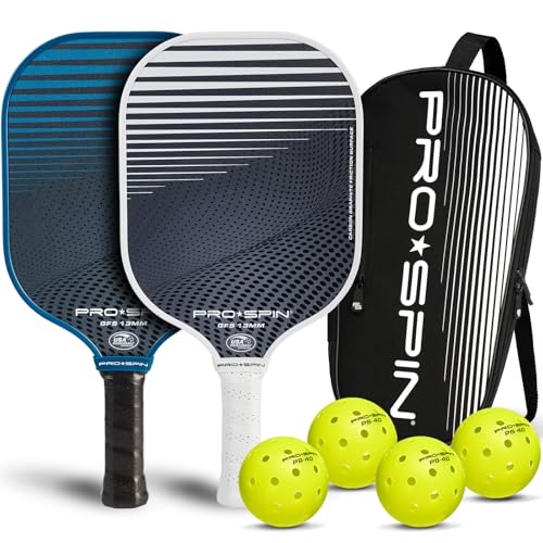 PRO-SPIN Carbon Fiber Pickleball Paddles Set of 2 | Lightweight Pickleball Set with Indoor/Outdoor Balls and Bag – Durable Pickle Ball Paddle Gift for Men, Women & Families - color: 2-Player Set | Blue/White
