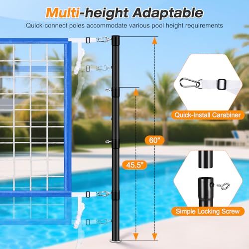 AugFir Inground Pool Volleyball Net Set, Adjustable Length & Height Pool Volleyball Net, Compatible with 3 Universal Ground-Mounted Bases, Includes 2 Glow-in-the-Dark Inflatable Pool Volleyballs