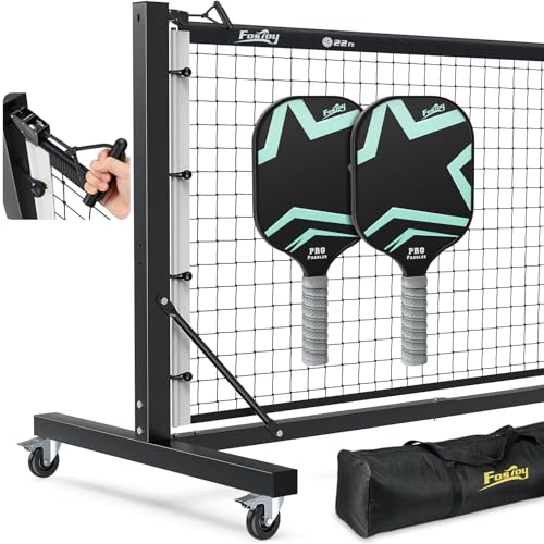 Pro Aluminum Pickleball Net with Carbon Fiber Paddle, Dual-Side Tension Lock System, Locking Wheels, 22FT Tournament Regulation Size for Outdoor Court, Driveway & Gym, Easy Setup, Carry Bag
