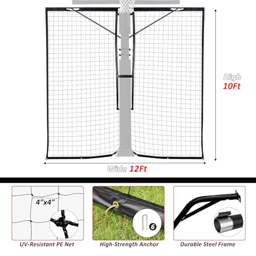 KATOP Heavy Duty Basketball Yard Guard Defensive Net System 12FT x 10FT, UV-Resistant Basketball Barrier Net - style: 6"x8"or 8"x12" pole