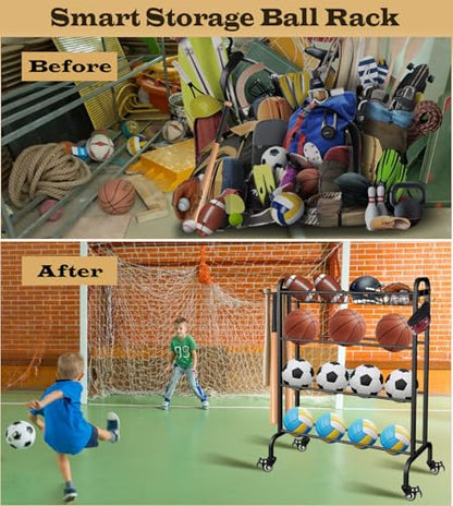 Basketball Racks Holder for Balls with Wheels, Rolling Metal Sports Equipment Storage Stand Organizer with Baskets and Hooks for Basketballs Footballs Volleyball, Black