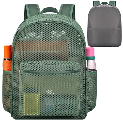 Oraben Heavy Duty Mesh Pack With Rain Cover- See Through Backpack Mesh Backpack Ideal for Class, Work, Travel, or Beach Outings - color: Green