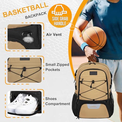 Goloni Soccer Backpack,Basketball Backpack with Ball Compartment & Shoe Compartment,Backpack for Basketball,Soccer - color: Khaki