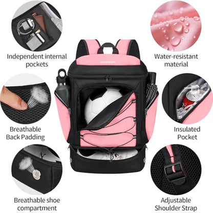 Soccer Bag - Soccer Backpack with Ball Holder,Sport Equipment Bags gifts for soccer stuff Water resistant Includes Separate Cleat Fit Basketball Volleyball Football - color: Hot Pink