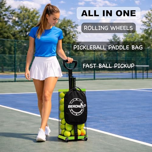 Rolling Tennis Ball Hopper & Picker Basket with Wheels, Holds 50+ Tennis Balls or 40+ Pickleballs, Lightweight Retriever Collector, Durable Easy Pick Up Ball Collector with Paddle Bag, Upgraded