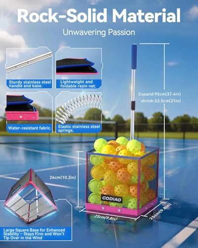 Pickleball Picker Upper 40+ Ball Capacity Hopper Holder, Foldable Basket with Telescopic Stainless Steel Handle, Quick Pickup No Bending Ball Retriever Collector, Portable for Court Training