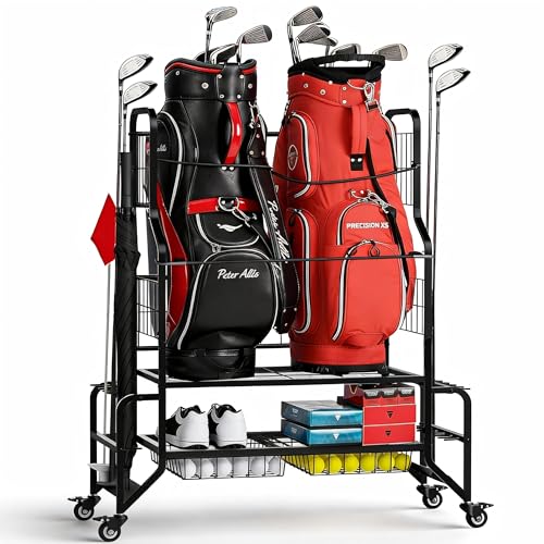 Golf Bag Storage Garage Organizer Golf Bag Stand Fits 2 Bags Extra Clubs Balls Shoes Golf Equipment Accessories Golf Storage Rack for Garage Club Shed