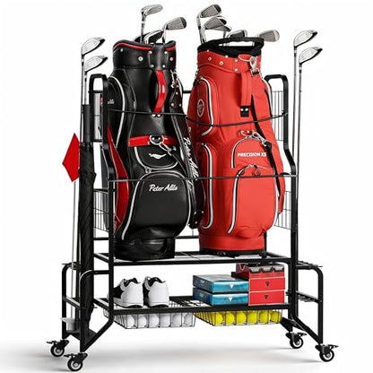 Golf Bag Storage Garage Organizer Golf Bag Stand Fits 2 Bags Extra Clubs Balls Shoes Golf Equipment Accessories Golf Storage Rack for Garage Club Shed