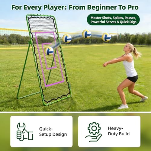 Volleyball Rebounder Net 7x4 FT, Adjustable Volleyball Training Equipment for Backyard Outdoor Solo Practice, Heavy-Duty 45-Layer Net with Ground Stakes & Target Belt