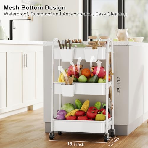 3 Tier Rolling Cart Metal with Wheels, Heavy Duty White Three Tiered Craft Cart Organizer on Wheels, Utility Roller Storage Carts for Art, Baby Nursery, Diaper Caddy, Snack,Book,Nail,Cleaning Supplies - color: Pure White