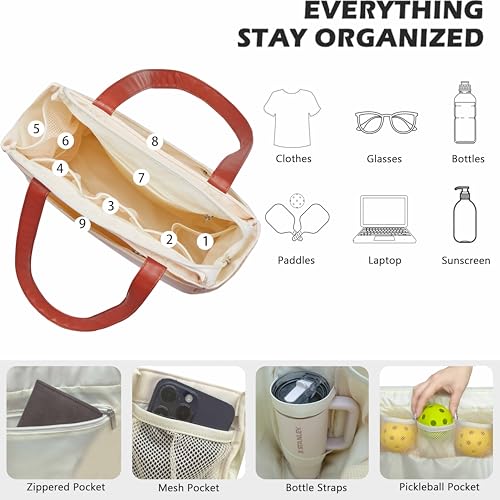 Pickleball Bag for Women Stylish Nylon Tote Fits 2 Paddle, Ball, Gear, Utility Shoulder Handbag for Sports - color: Beige