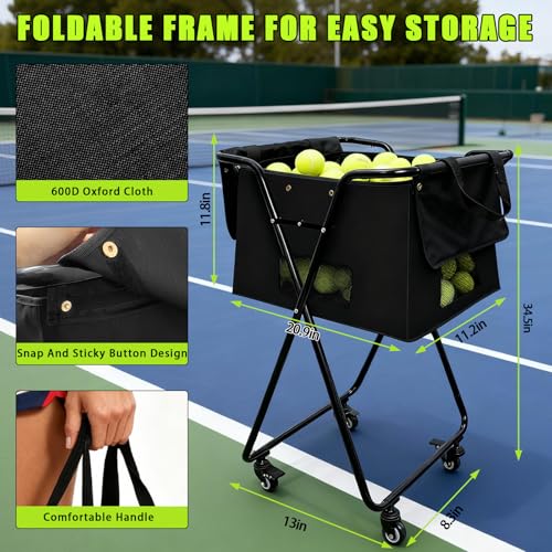 Tennis Ball Hopper Cart with 4 Wheels，Foldable Large Capacity Pickleball & Tennis Ball Collector for Court Training, Coaching