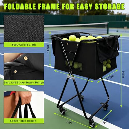 Tennis Ball Hopper Cart with 4 Wheels，Foldable Large Capacity Pickleball & Tennis Ball Collector for Court Training, Coaching