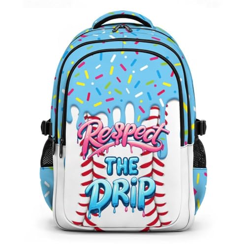 Baseball Drip Backpack for Kids, 17 Inch Ice Cream Sports Bookbag for Outdoor Hiking Picnicking School - color: Light Blue