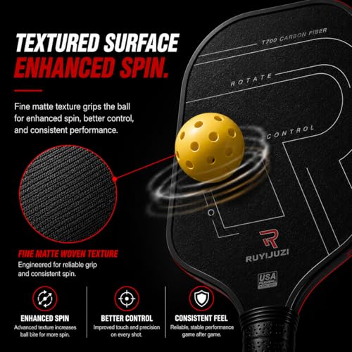 Pickleball Paddle, T700 Carbon Fiber Paddle with Textured Matte Surface, 16mm Polypropylene Honeycomb Core, Thermoformed for Spin & Control