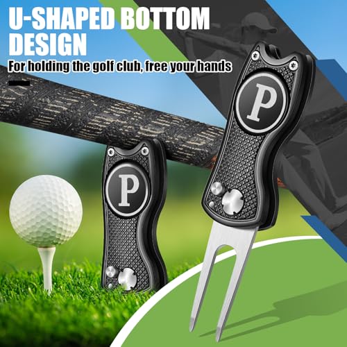Golf Divot Repair Tool with Letter Custom Monogrammed Initial Ball Marker Divot Tool New Year Golf Gifts Foldable Metal with Magnetic Putt Alignment for Men Father Golfer - color: Black, style: Letter P