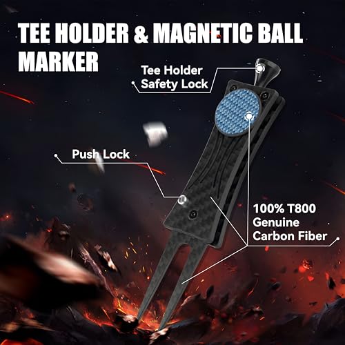 SANDIAN, Golf Divot Repair Tool, Strong Super Light Carbon Fiber T800 Made Switchblade Foldable, Magnetic Ball Marker, Leather Holster, Easy to Carry in Pocket, for Professional and All Golfers