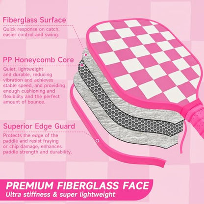 Pink Pickleball Paddles Set of 2/4, USAPA Approved Fiberglass Pickle Ball Set with 2/4 Cute Lightweight Pickleball Rackets, 2 Indoor &2 Outdoor Balls, 1 Pickleball Bag for Women, Beginner, Youth